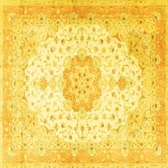 Ahgly Company Machine Washable Indoor Square Medallion Yellow Traditional Area Rugs, 8' Square