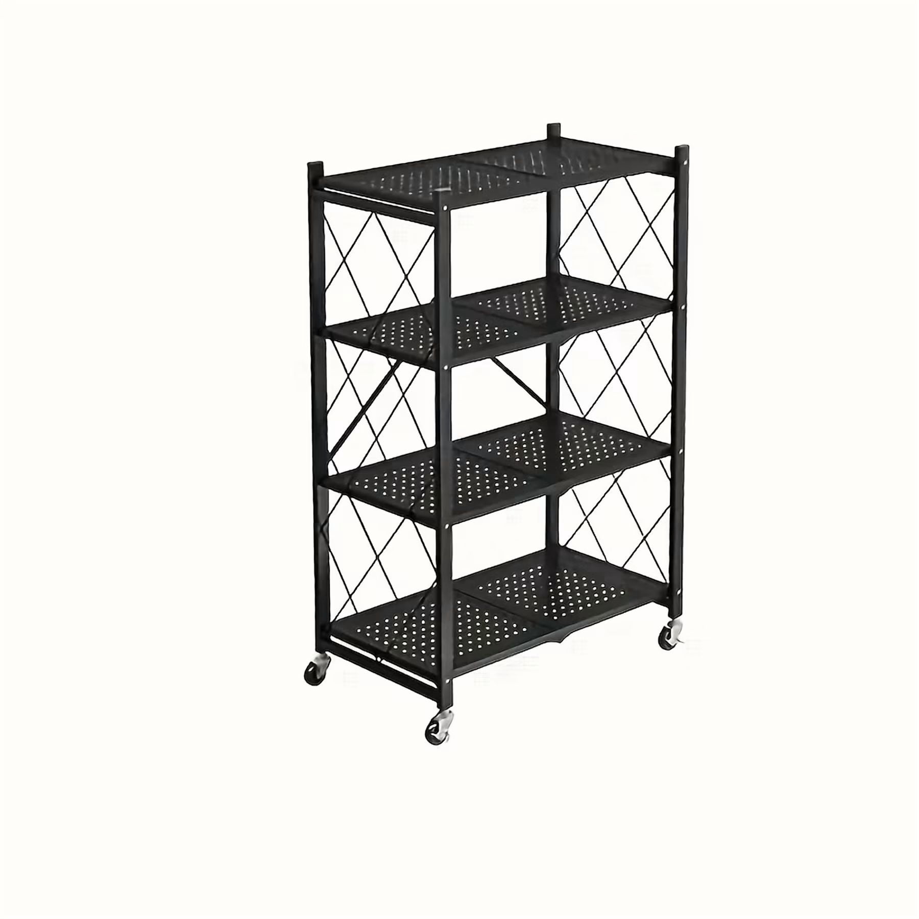 Heavy Duty Foldable Metal Storage Rack with Wheels, 4 Tier, No Installation, Removable Shelves, Black - Utility Shelving for Garage, Kitchen, Living Room, Study, Basement