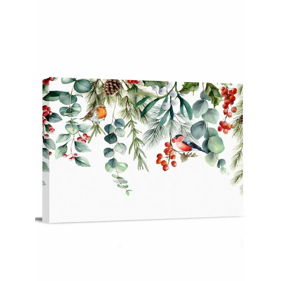Winter Floral Canvas Print Wall Art Christmas Eucalyptus Leaves Red Berry Pictures Painting Morden Artwork for Living Room Bedroom, Ready to Hang - 12"x16"