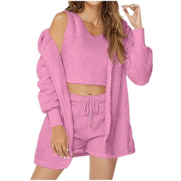 STETMN Women's Fuzzy Nightwear Set Hooded Cardigan Crop Tank Top Drawstring Shorts 3 Piece Warm Pajama Outfit