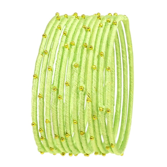 Sunsoul By Touchstone "Silk Thread Bangle Collection" Indian Bollywood Handcrafted Faux Silk Thread with Golden Beads Exotic Passionate Pistachio Designer Bangle Bracelets Set of 12 For Women.