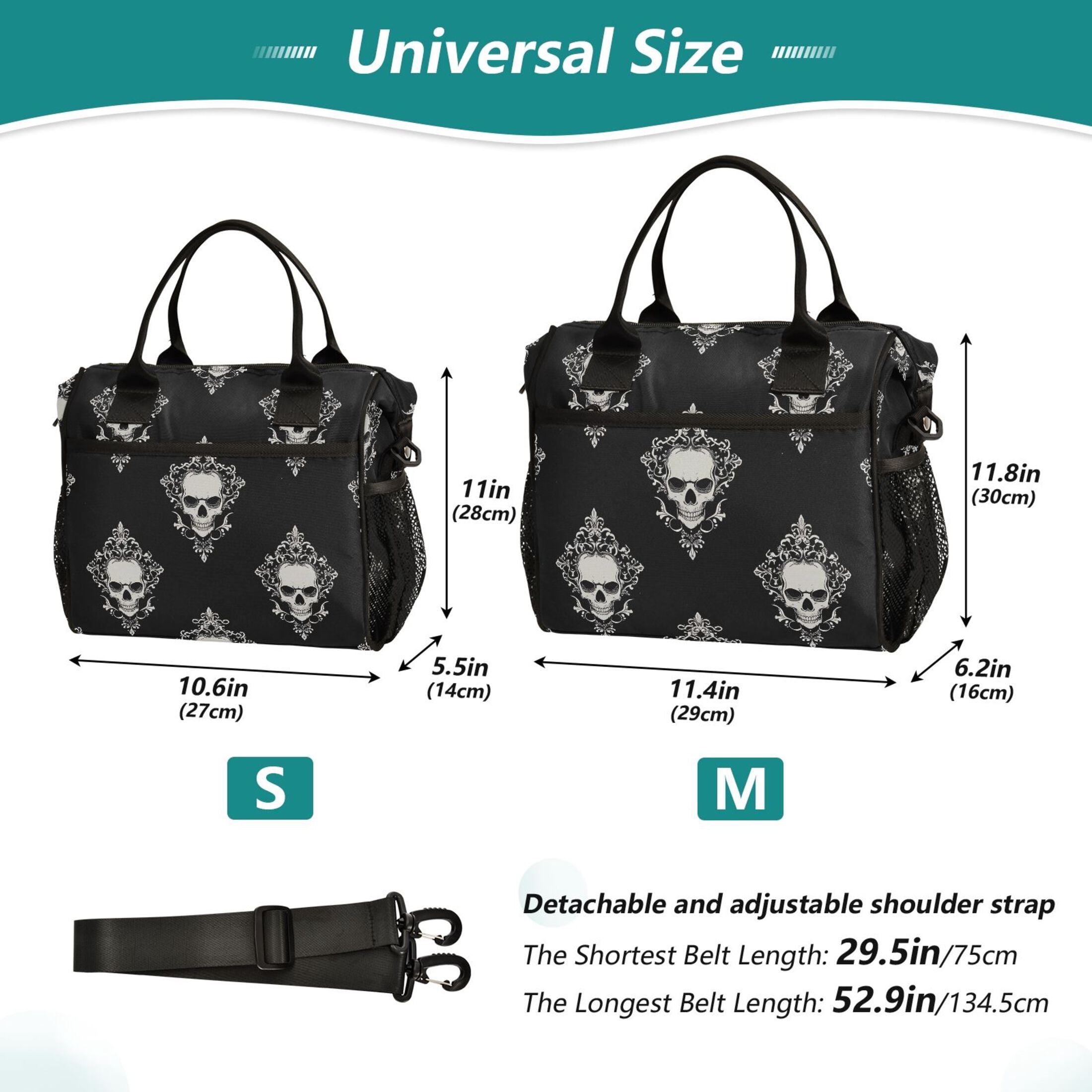 Lunch Bag Insulated Lunch Box Leakproof Reusable Cooler Tote Adjustable Shoulder Strap for Men Women Cool Skulls Filigree 12L