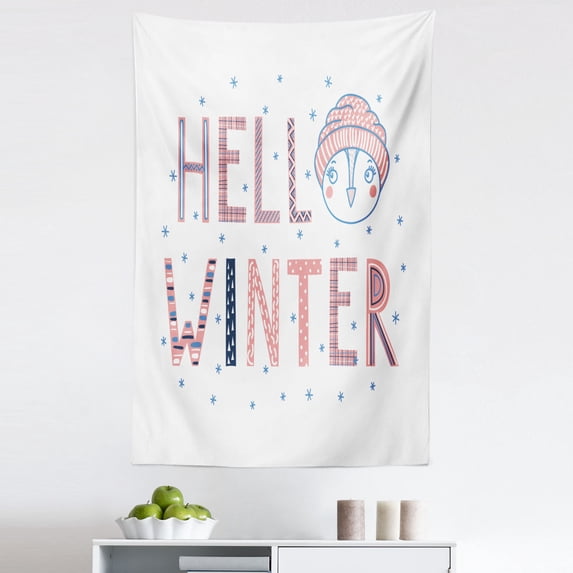 Winter Tapestry, Hello Winter Typographic Text with Funny Face in a Hat Surrounded by Snowflakes, Fabric Wall Hanging Decor for Bedroom Living Room Dorm, 5 Sizes, Multicolor, by Ambesonne