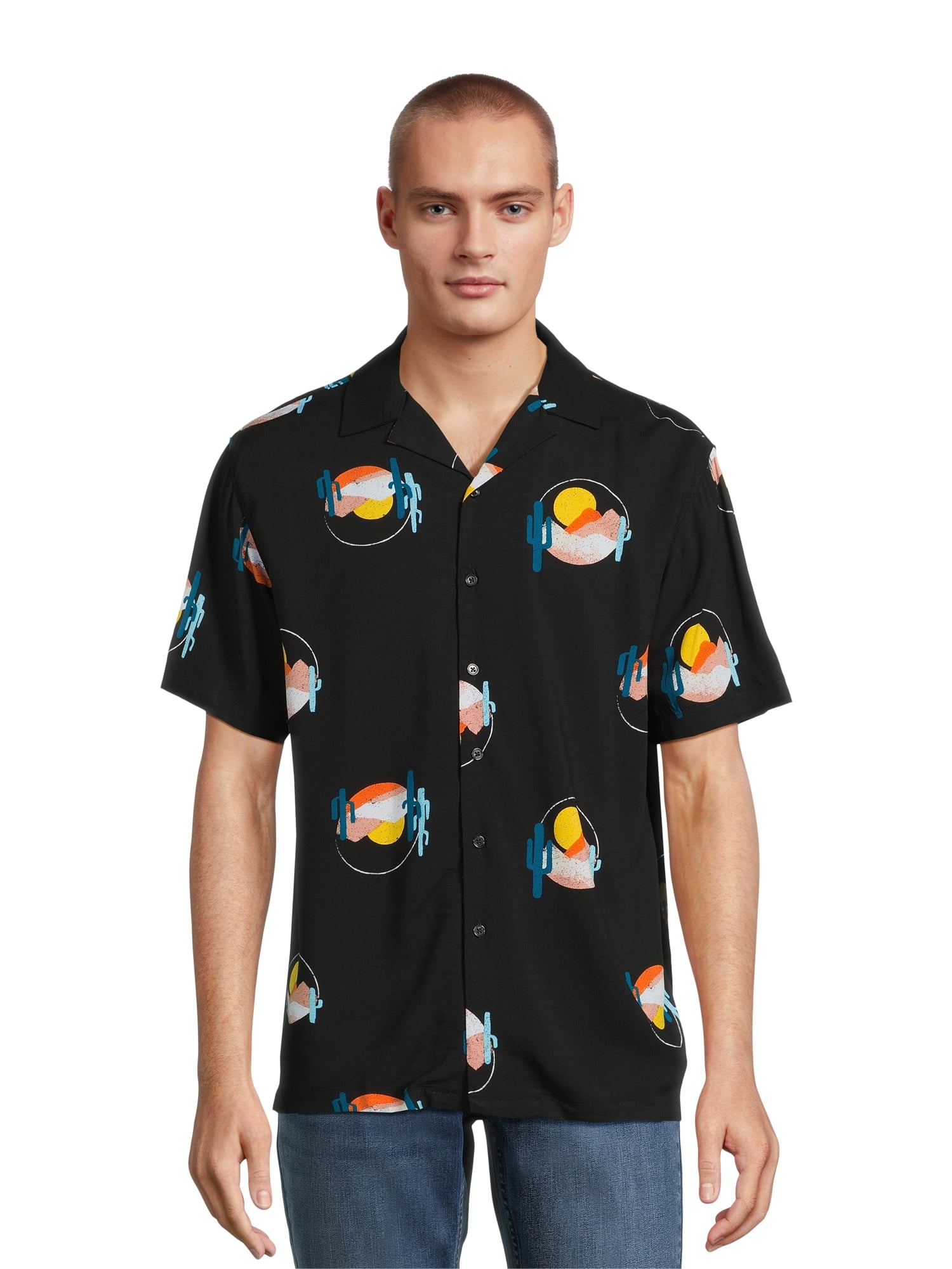 No Boundaries Men's Print Button Up Shirt with Short Sleeves, Sizes XS-3XL