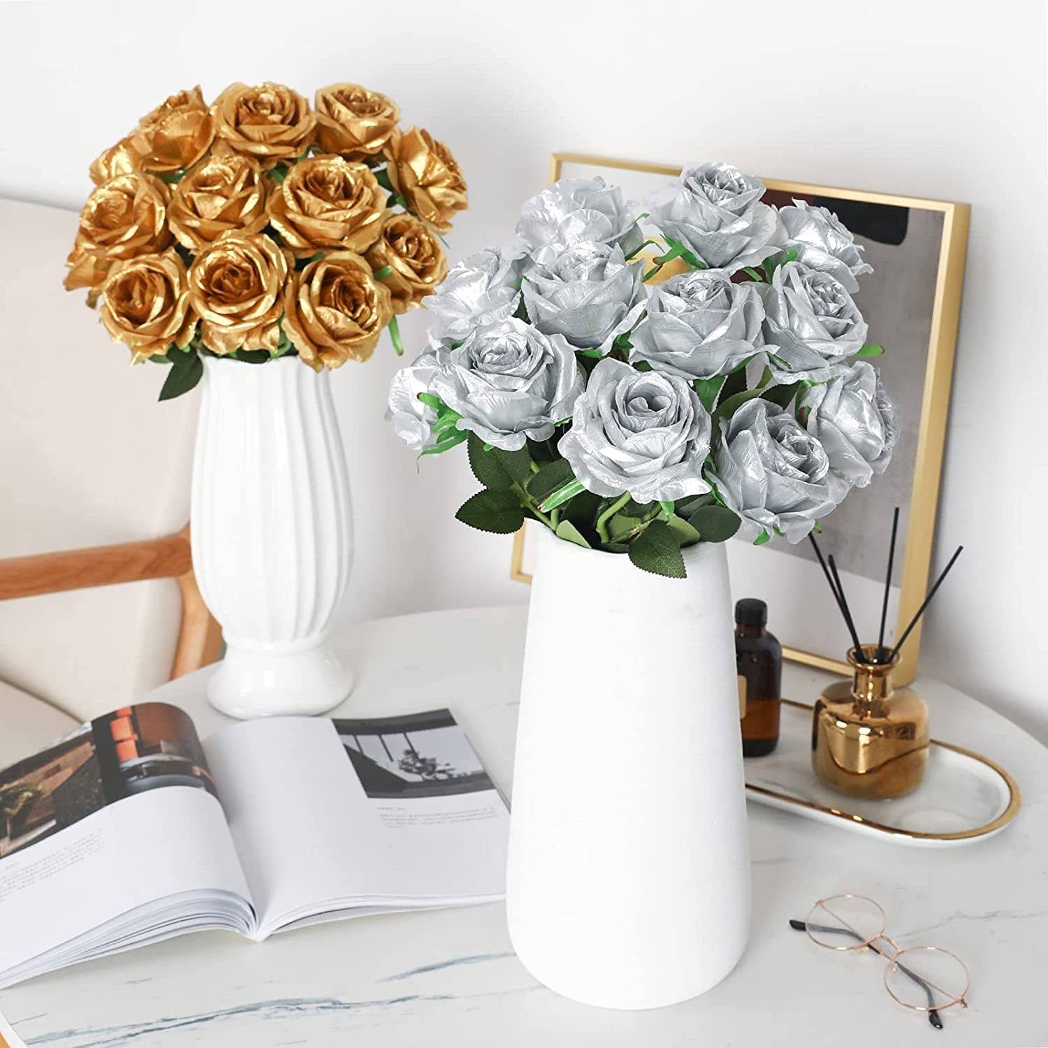 Black Flower Artificial Roses Flowers, Realistic Blossom Roses Real Touch Silk Rose Single Fake Flower Long Stem Bouquets for Home Decor Wedding Party Ceremony Funeral (10Pcs, Black)
