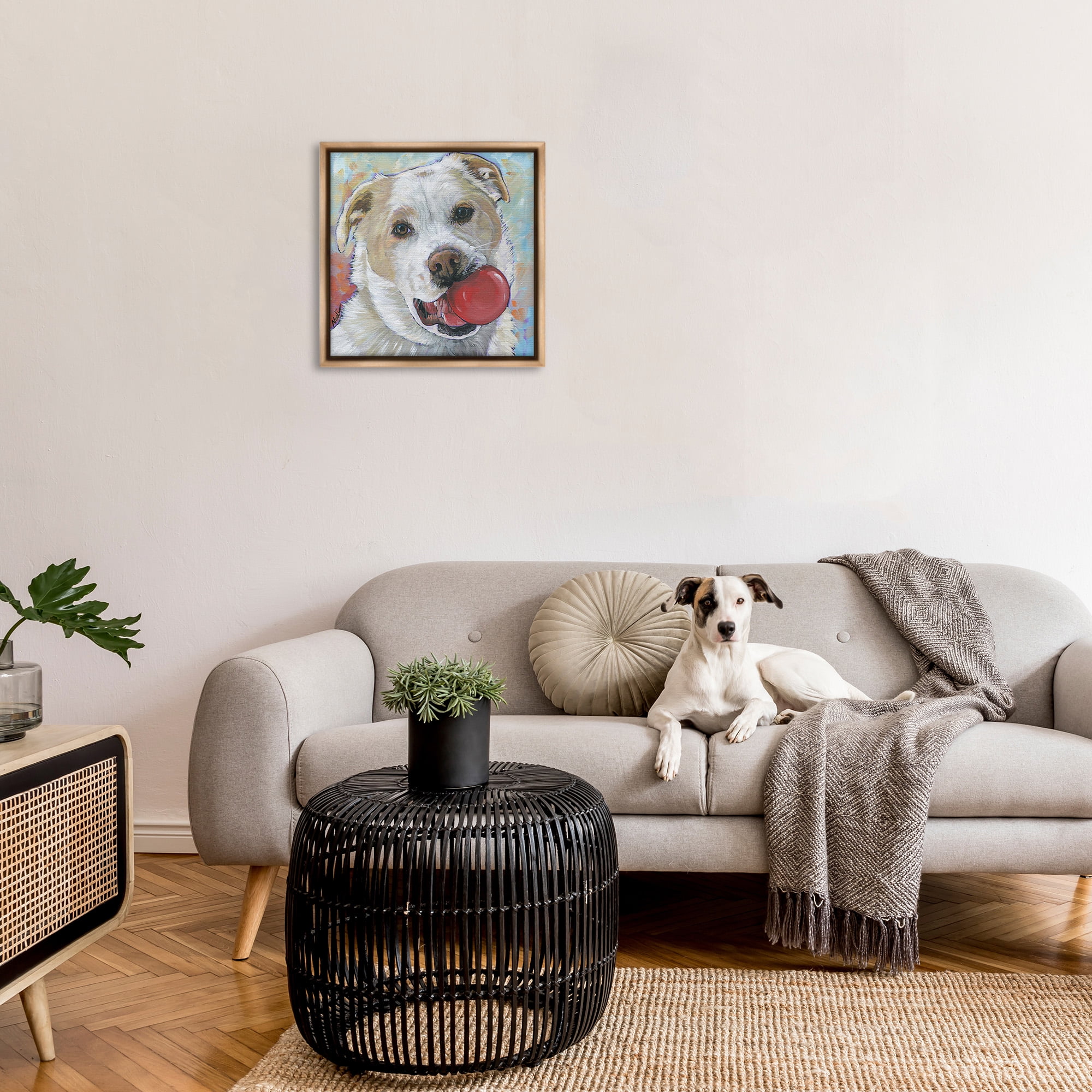 Stupell Industries Dog & Ball Portrait Animals & Insects Painting Brown Floater Framed Canvas Art Print Wall Art, 25 x 25
