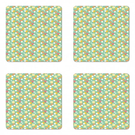 

Mushroom Coaster Set of 4 Colorful Nursery Themed Cheerful Pattern with Various Toadstools Square Hardboard Gloss Coasters Standard Size Mint Green and Multicolor by Ambesonne