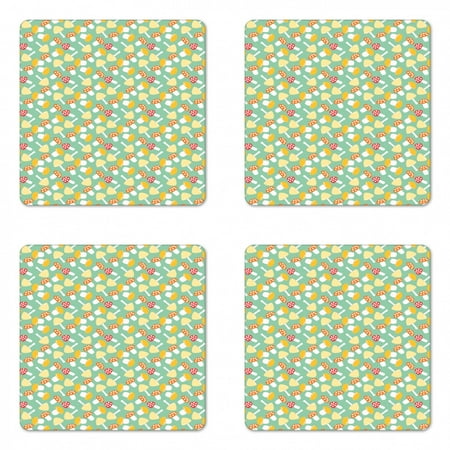 

Mushroom Coaster Set of 4 Colorful Nursery Themed Cheerful Pattern with Various Toadstools Square Hardboard Gloss Coasters Standard Size Mint Green and Multicolor by Ambesonne