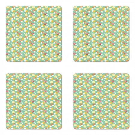 

Mushroom Coaster Set of 4 Colorful Nursery Themed Cheerful Pattern with Various Toadstools Square Hardboard Gloss Coasters Standard Size Mint Green and Multicolor by Ambesonne