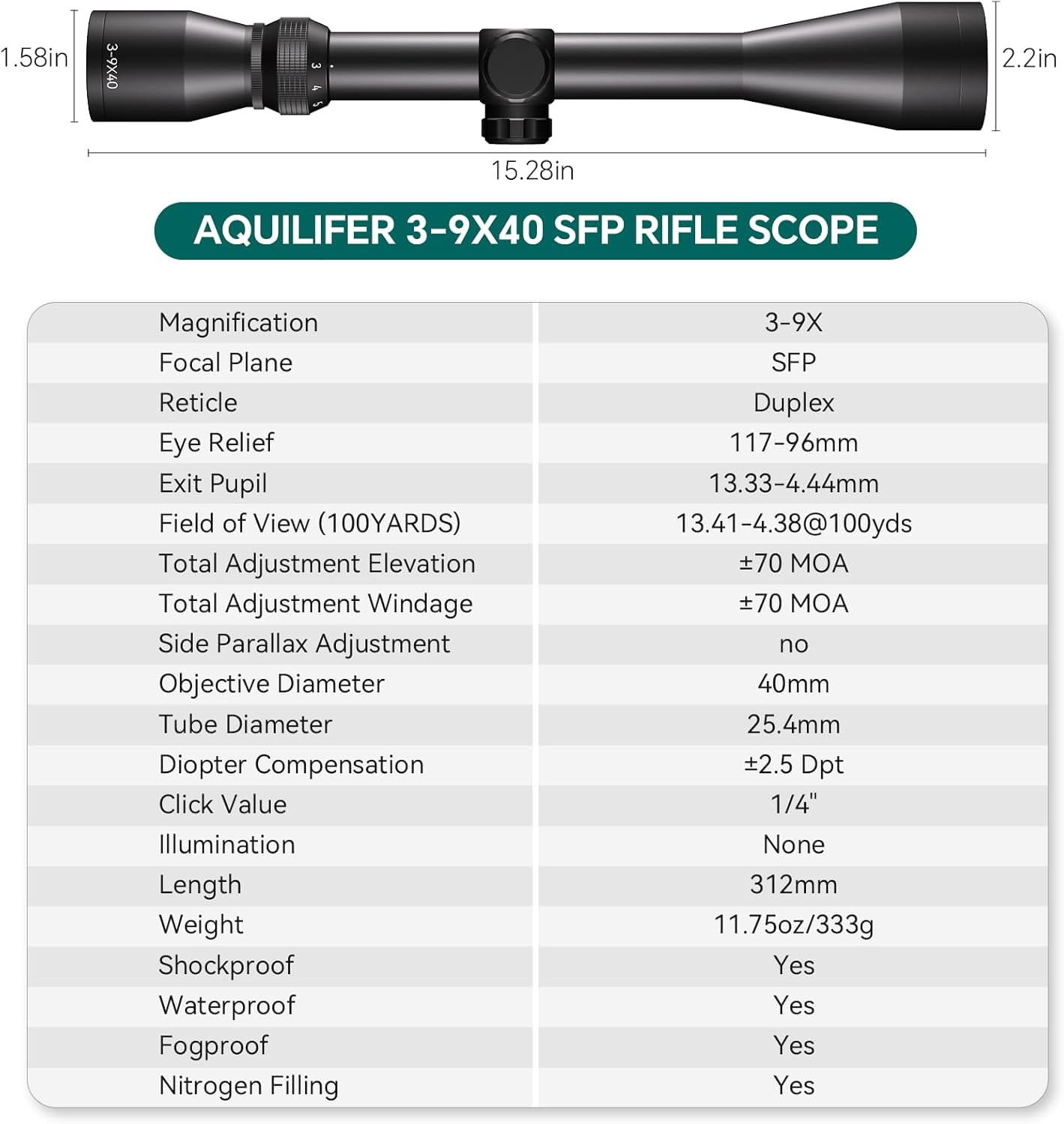 Aquilifer HT 3-9x40NL SFP Hunting Riflescope 1 inch Tube Waterproof Fogproof Shockproof