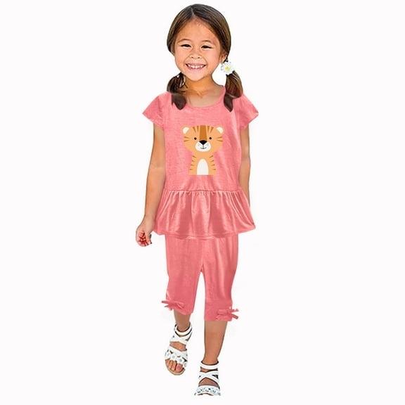 Zwiiyzr 1-10 Years Little & Big Girl Summer Outfits Cute Lions Ruffle Short Sleeved Flutter Sleeve Elastic Waist Cropped Pants Daisy 2Pcs Clothing Set Pink