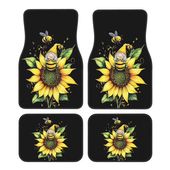 KAKALAD Yellow Sunflower Green Leaves Bees Car Floor Mats 4PC Set Carpet Protection, Universal Fit for Car SUV VA & Truck, Vehicle Front & Rear