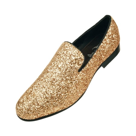 Amali Mens Metallic Sparkling Glitter Tuxedo Slip on Smoking Slipper Dress Shoe