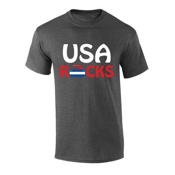 Funny Olympic Curling Pun USA Rocks Graphic Short Sleeve T-shirt-Heather Grey-Small