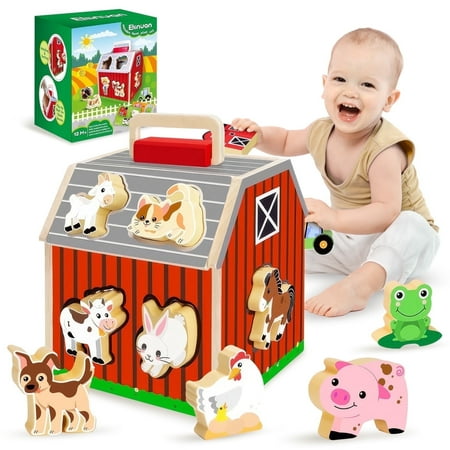 UUSUOO Montessori Toys for 1 Year Old Farm Animals Big Barn Toys Wooden Barn Play Set with Animal Figures and DIY Stickers Learning Educational Toys Christmas Birthday Gifts for Toddlers 1-3