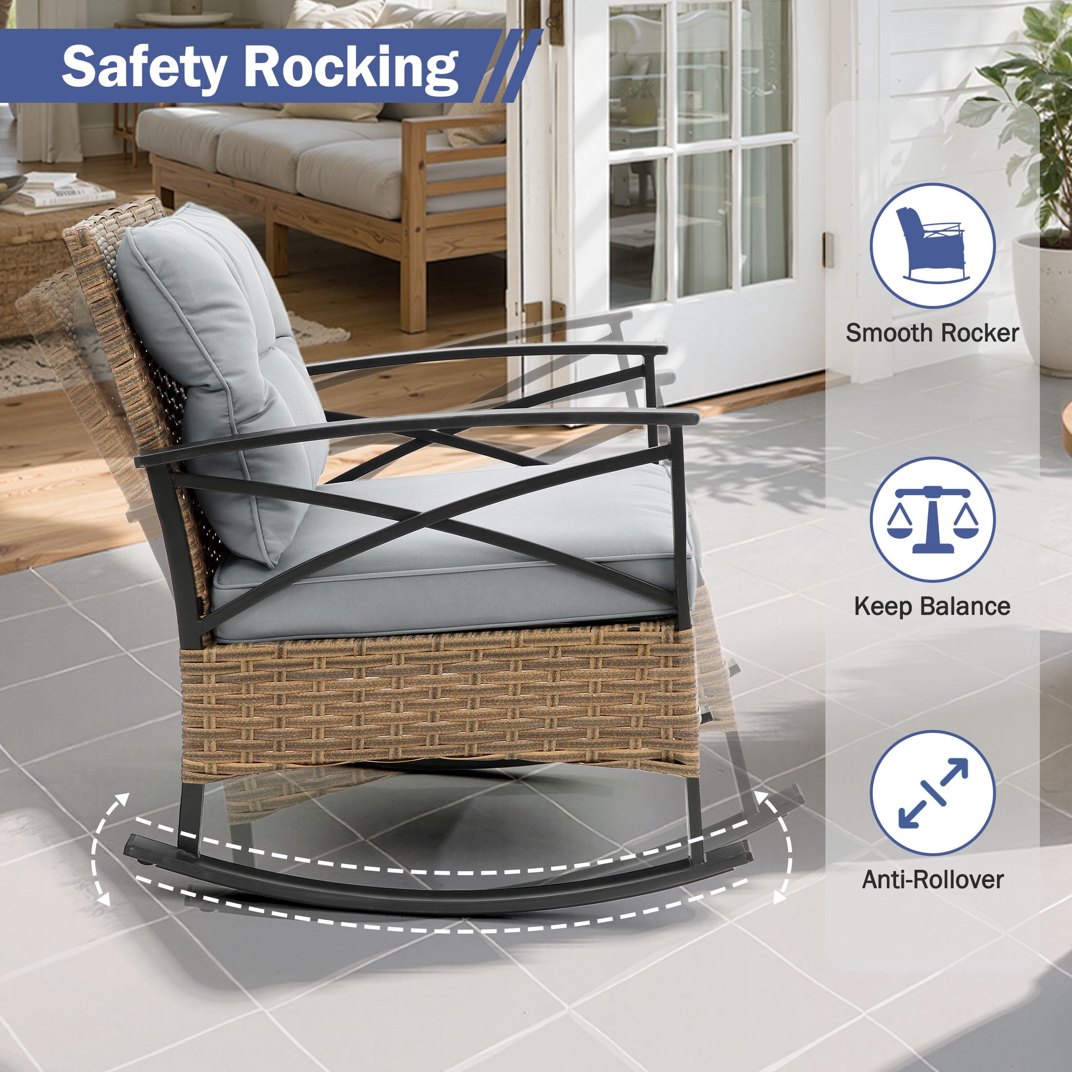 Segmart 3 Pieces Outdoor Patio Bistro FurnitureSet, PE Wicker Rattan Front Porch Conversation Chairs with Cushions Outside & Coffee Table, Max Weight 250LBS, Gray