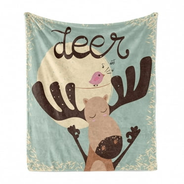 Deer Hunting Soft Flannel Fleece Throw Blanket, Cutsy Cartoon of Reindeer and Singing Bird Illustration, Cozy Plush for Indoor and Outdoor Use, 70" x 90", Pale Seafoam Brown, by Ambesonne
