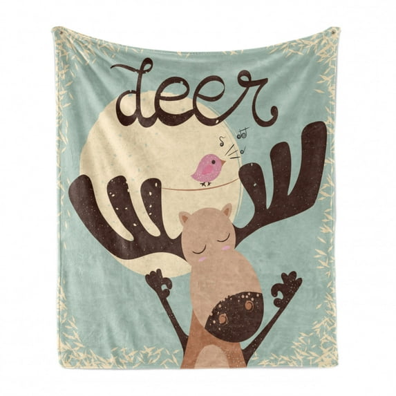 Deer Hunting Soft Flannel Fleece Throw Blanket, Cutsy Cartoon of Reindeer and Singing Bird Illustration, Cozy Plush for Indoor and Outdoor Use, 50" x 70", Pale Seafoam Brown, by Ambesonne