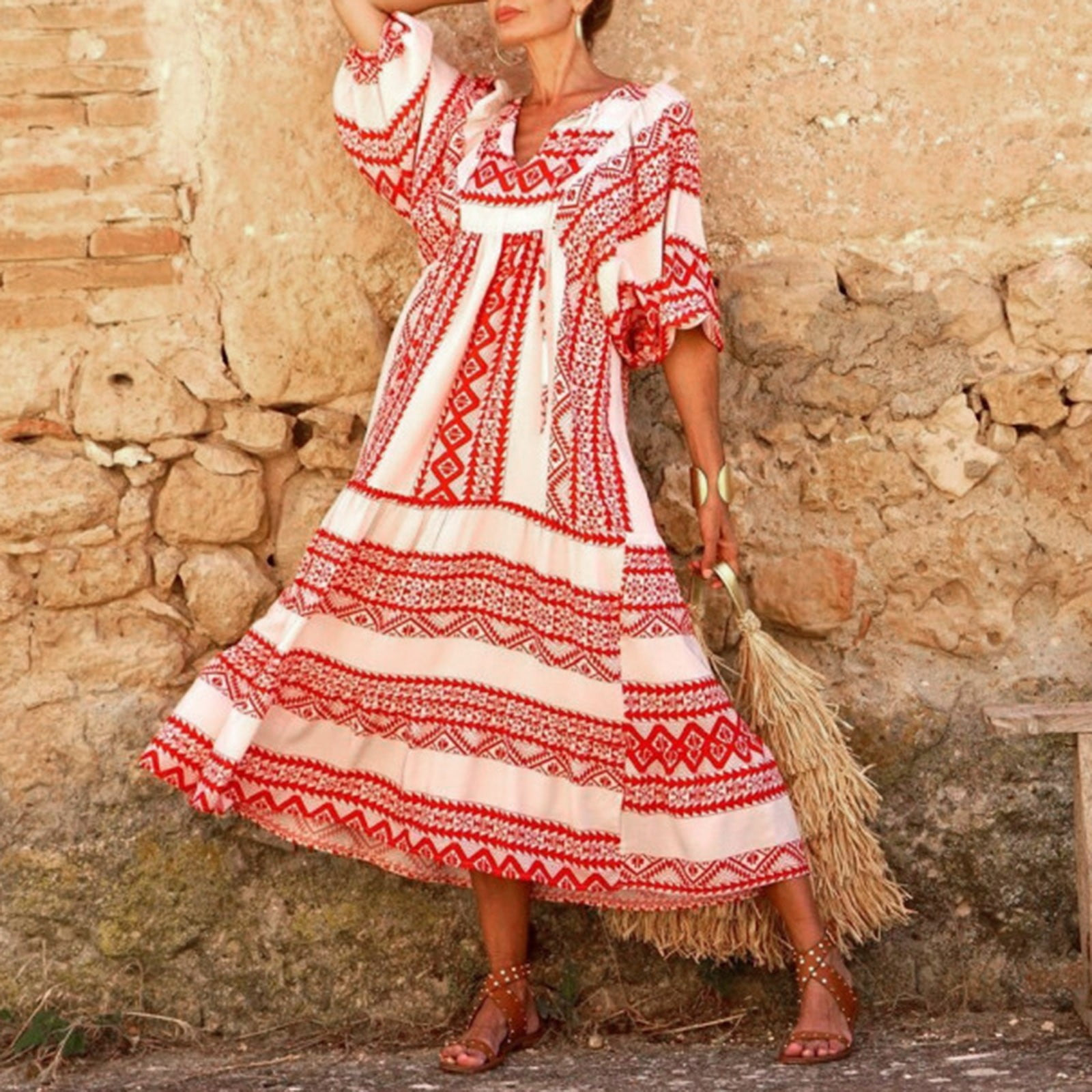 AMILIEe Women Boho Floral Puff Sleeve Tiered Maxi Dress Casual Layered