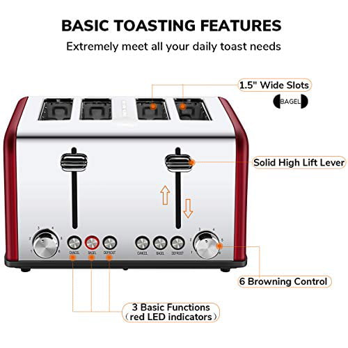 4 Slice Toaster CUSIBOX Stainless Steel Toaster Four Wide Slots with 7 Bread Browning Settings 1400W Pink Gold REHEAT/DEFROST/CANCEL Function 