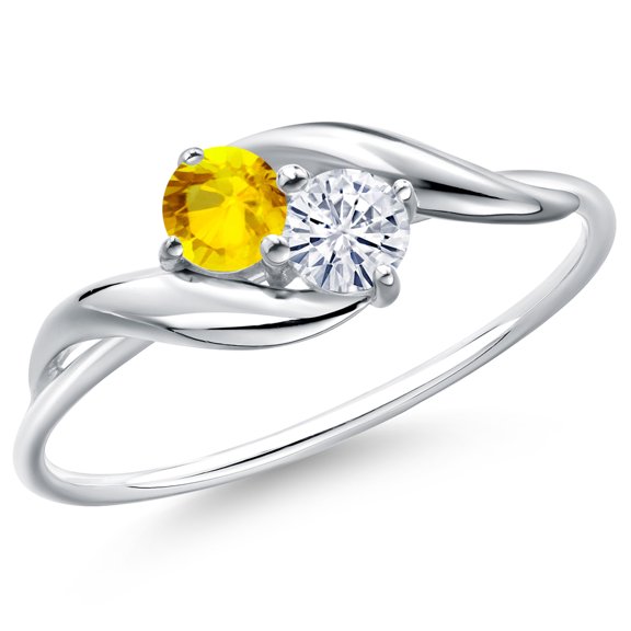 Gem Stone King 10K White Gold Round Yellow Sapphire and White Moissanite Ring for Women (0.32 Cttw, Round 3.5MM, Gemstone September Birthstone, Size 5)