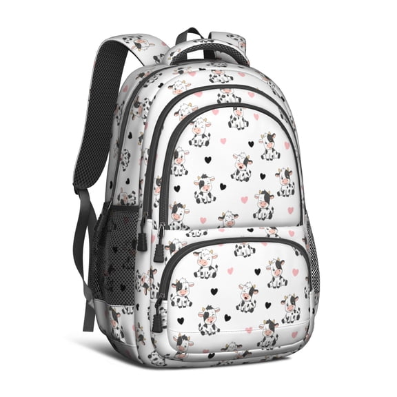 Cow and Heart White Pattern Cute School Backpack Bag with Padded Back and Adjustable Shoulder Straps 16.9 X 12.6 X 5.9 Inches