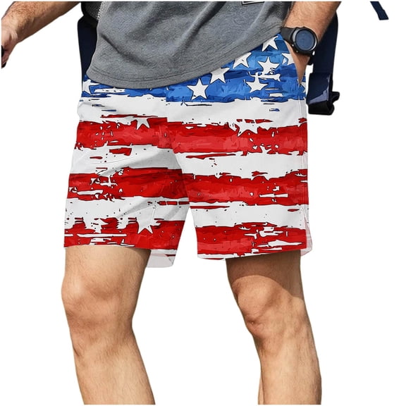 Fewfanhot Men's American Flag Print Casual Shorts, Patriotic Stripe Quick-Dry Summer Board Shorts with Pockets, S-3XL