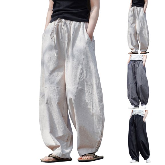 Men's Linen Pants Casual Wide Leg Baggy Pants Elastic Waist Drawstring Loose Fit Casual Summer Beach Pants with Pockets Baggy Trousers Beige L