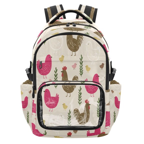 25L PVC Casual Backpack, Waterproof Large Capacity Backpack for Student Commute & Short Trips Hand Drawn Chicken Repeat