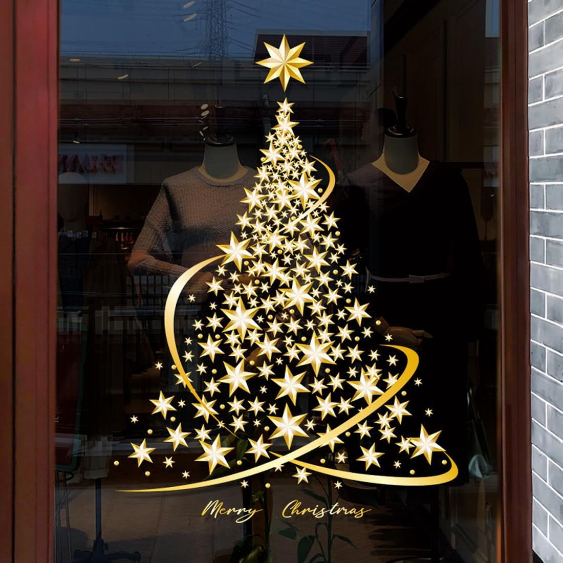 Golden Christmas Tree Window Clings Stickers for Glass, Large DIY Static Wall Window Door Mural Showcase Decal Sticker