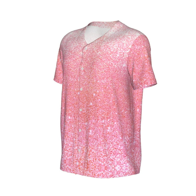 Balery Sparkly Pink Glitter Baseball Jersey for Men Casual Button