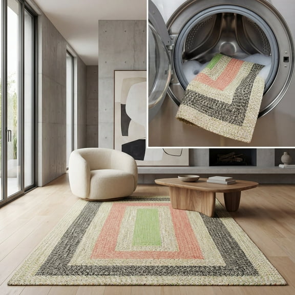 SAFAVIEH Braided Oswin Geometric Machine Washable Reversible Area Rug, Black/Light Green, 8' x 10'
