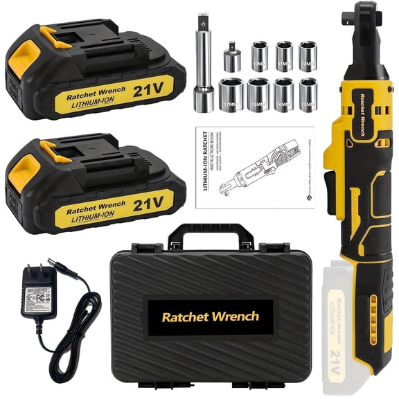 Wireless ratchet wrench 3/8 inch, 21V electric ratchet wrench 45 yard pound battery ratchet wrench set, with 2 2.0Ah lithium-ion batteries and charger, 9 sockets, 1/4 inch adapter, 3-inch extension r