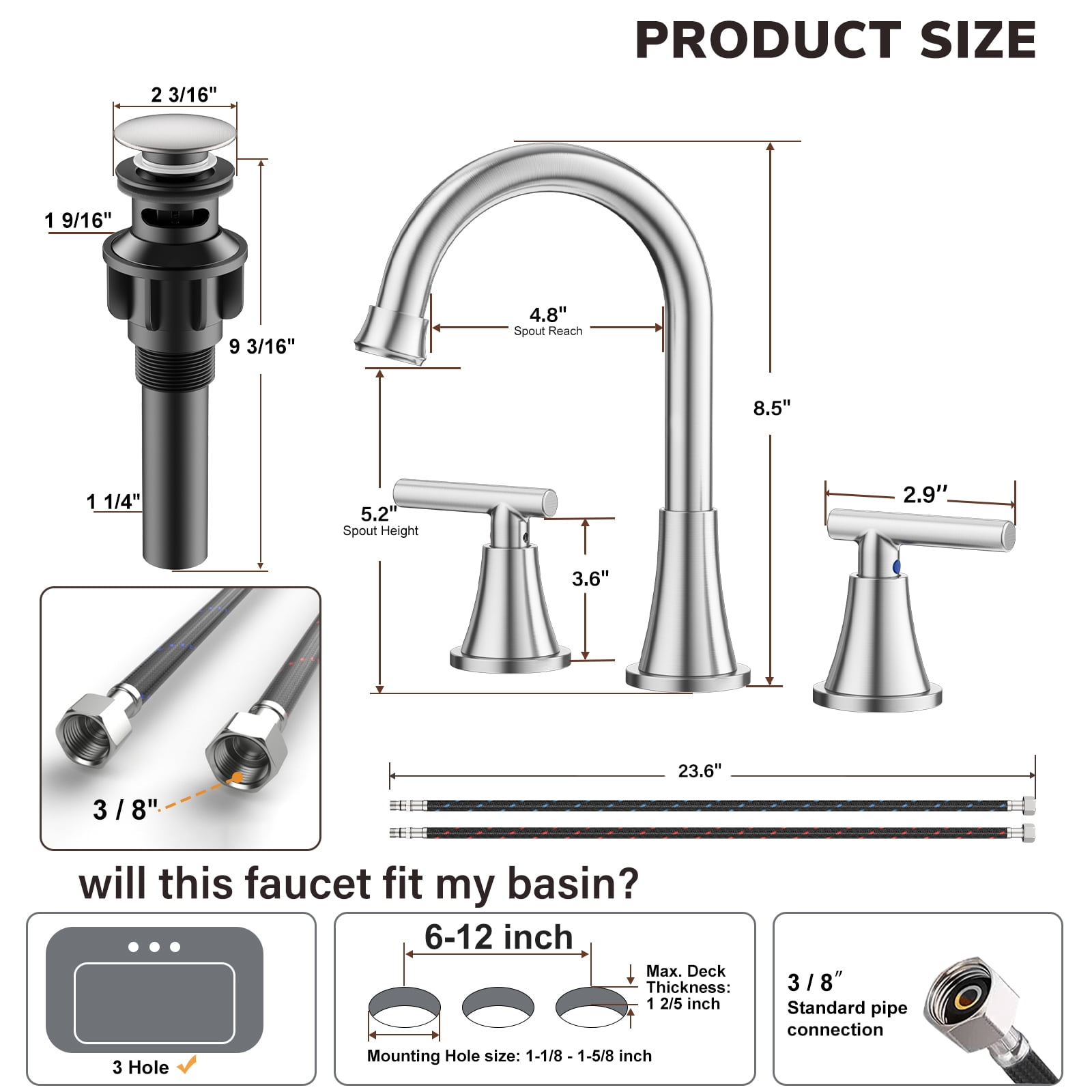 KINGTACK Bathroom Faucet for Sink 3 Hole, 8 Inch Bathroom Faucets with Pop-up Drain and Supply Lines, Brushed Nickel