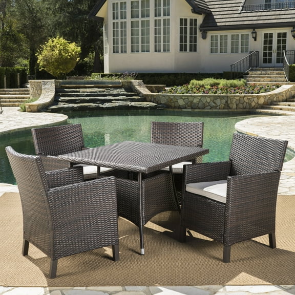 Clarance Outdoor 5 Piece Wicker Square Dining Set with Cushions, Multibrown, Light Brown