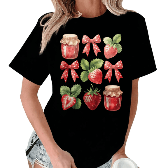 Black Print Tshirt Graphic Tees Shirts S-5XL Polka Dot Bow Strawberry Print Soft Casual Trendy Tops