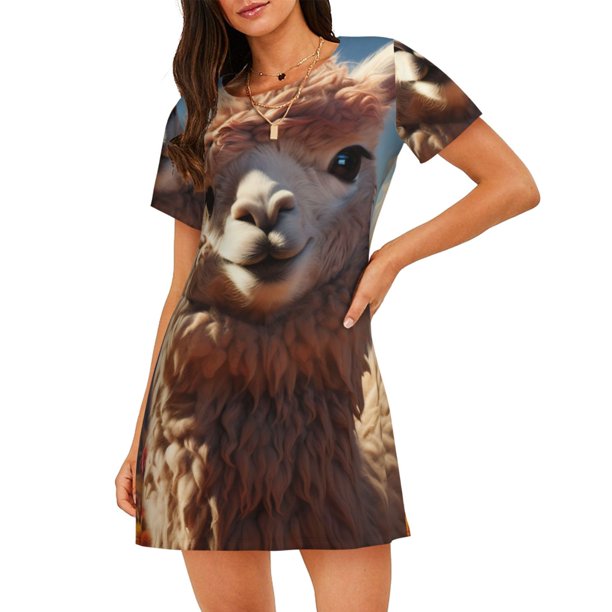 Easygdp Fluffy Alpaca Mountain Meadow Camisón de manga corta para mujer, informal, estampado