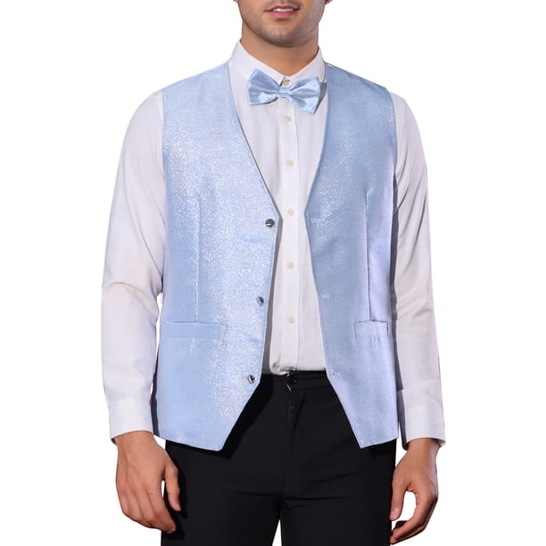 INSPIRE CHIC Chaleco de Hombre Brillante Cuello en V Sin Mangas Chaleco Metálico Brillante para Fiesta Formal 2XL Azul Claro