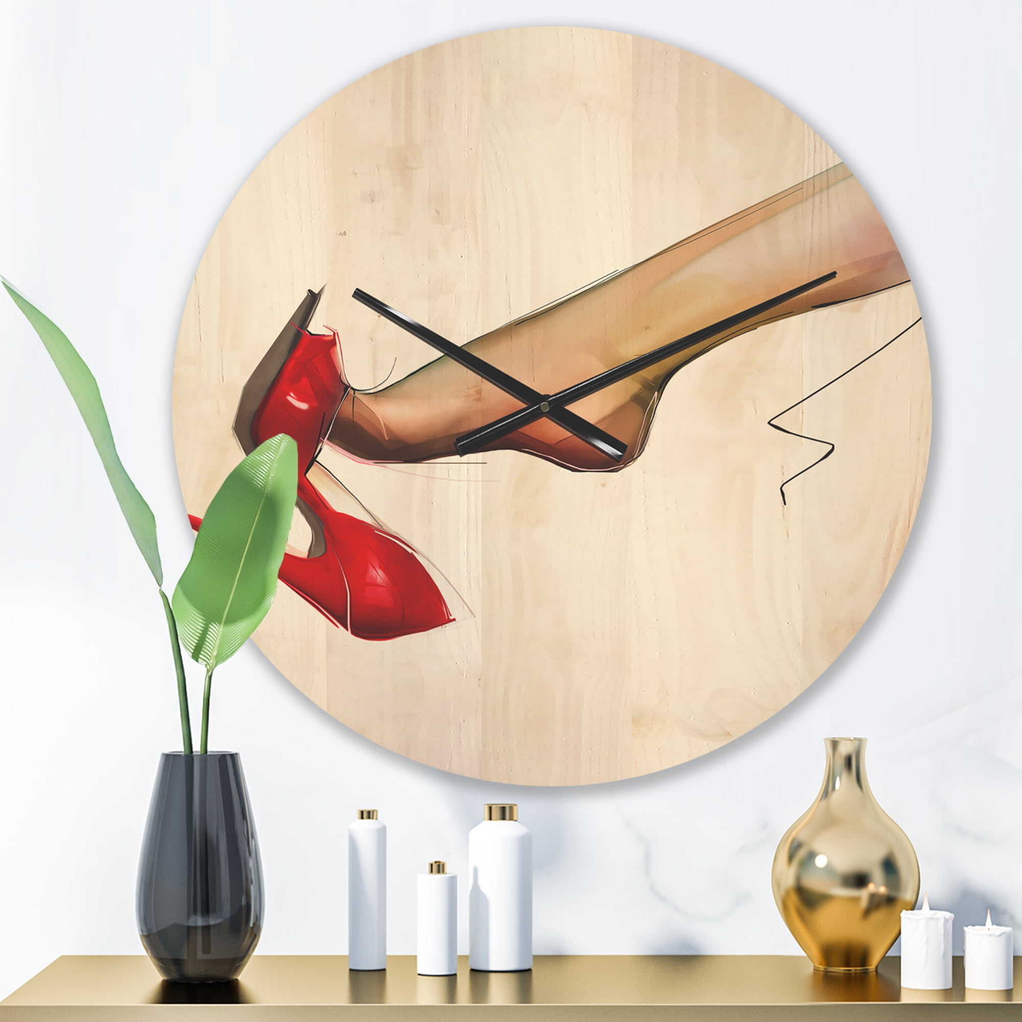 Designart 'Woman Leg Wearing High Heel Red Shoe ' Modern Wood Wall Clock