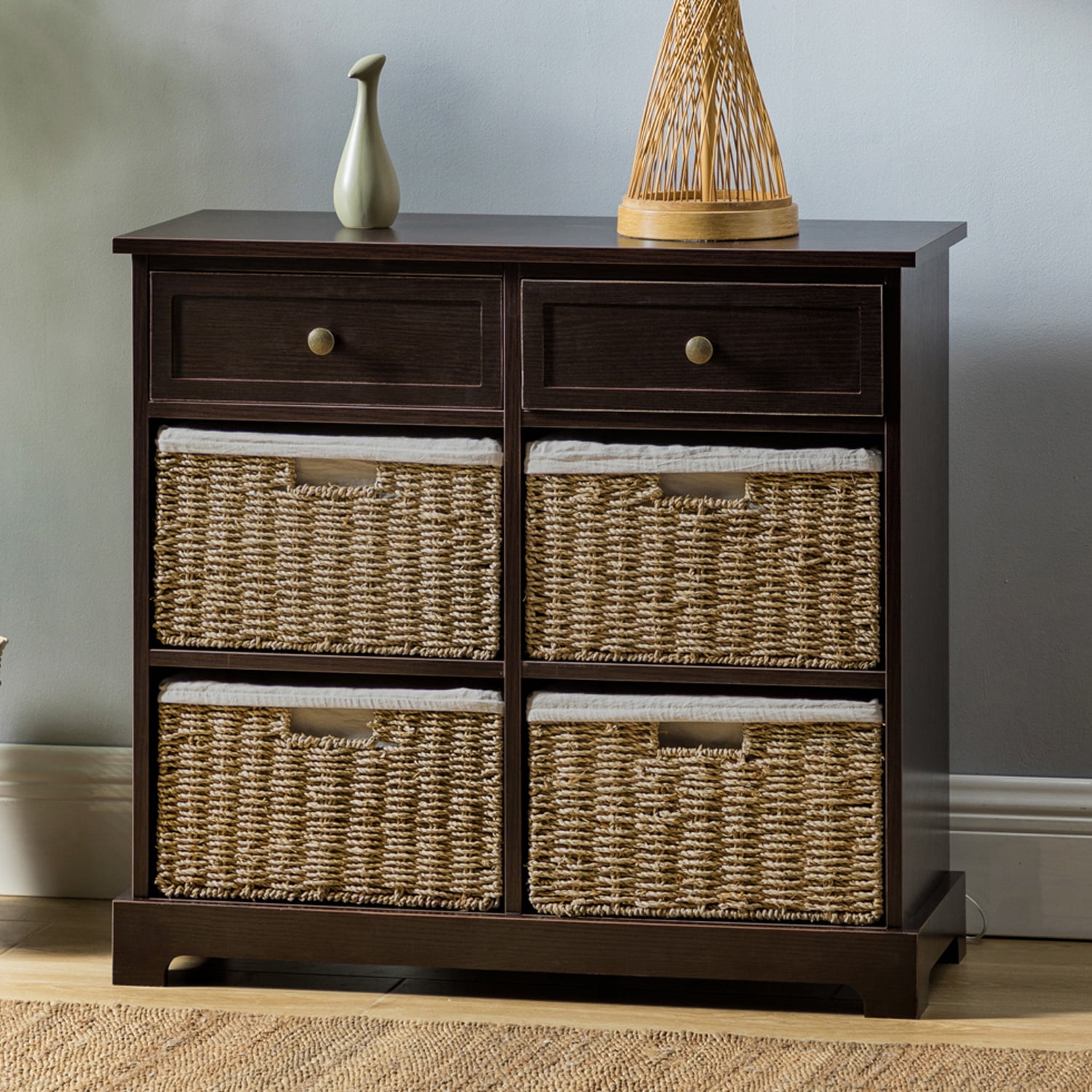 UWRNite Farmhouse Wicker Storage with 2 Drawers and 4 Baskets