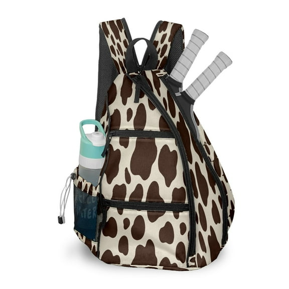 Pickleball Bags for Men Women Pickleball Backpack with Large Capacity Lightweight Adjustable Pickleball Sling Bag Hold Paddles, Balls, Accessories Brown Cow Print Surface