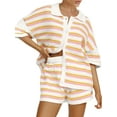 thumbnail image 2 of Argulvti Women Pajamas Set 2 Pieces Loungewear Suits Viscose Stripe Contrast Color Button Crochet Knit Tops and Shorts Lounge Sets, 2 of 6
