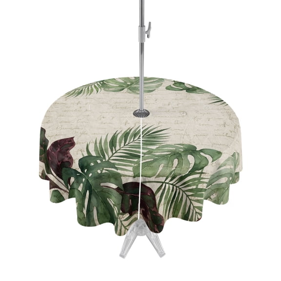 Outdoor Tablecloth with Umbrella Hole for Patio/Picnic/Party/Camping, Summer Palm Leaves Waterproof Table Cloth Round Cover Washable, Tropical Botanical Farmhouse Vintage (Dia 60")