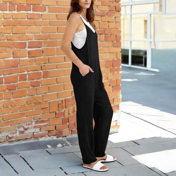 Costeam Womens Sleeveless V Neck Knit Overalls Dual Square Patch Side Pockets Loose Straight Full Length Wide Strap Relaxed Fit Casual Jumpsuit