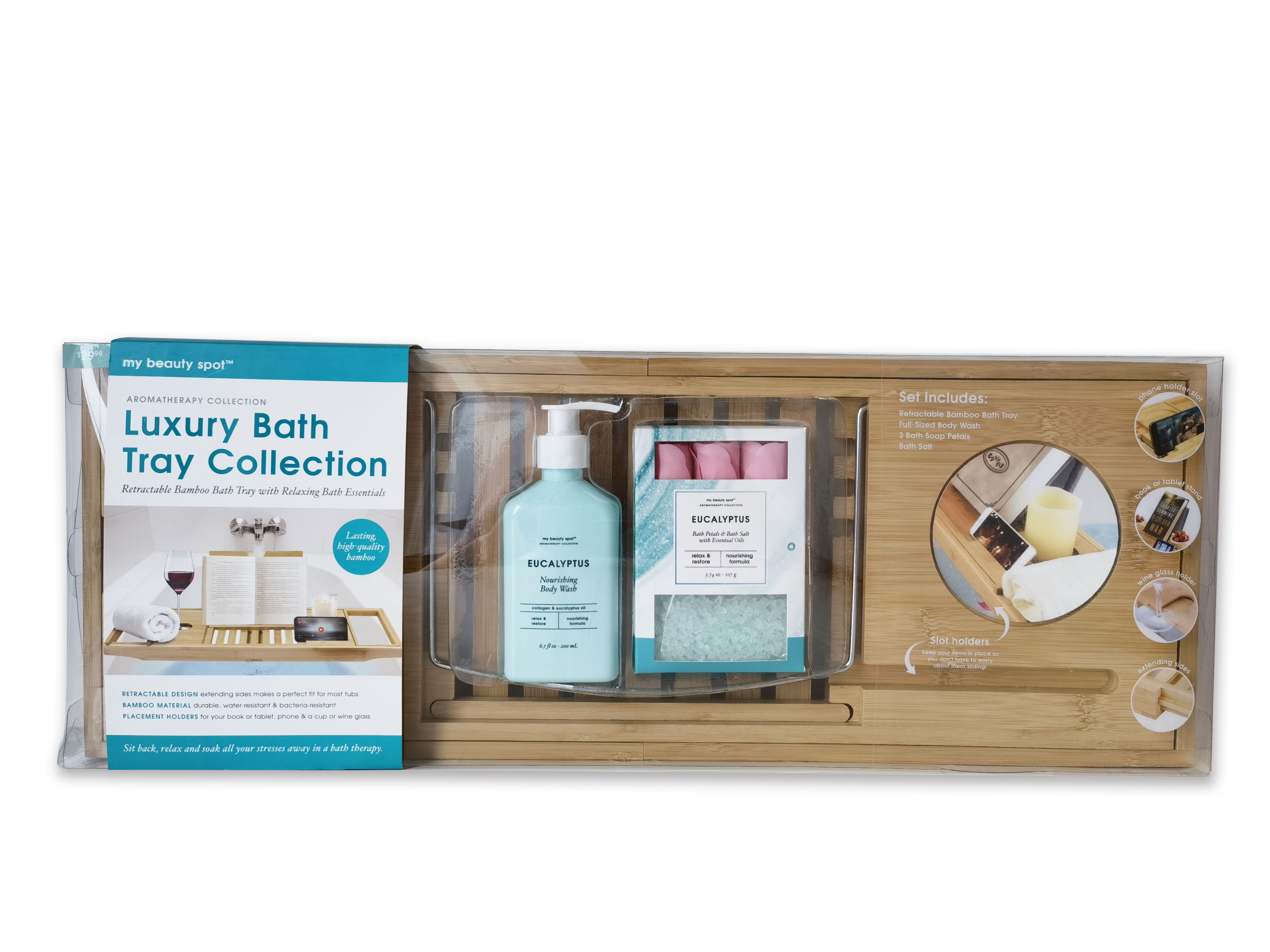My Beauty Spot Aromatherapy Collection Luxury Bath Tray Gift Set, Eucalyptus, 6 Piece Set