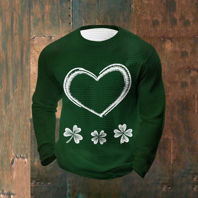Ceisia Men's St. Patrick's Day Heart Shamrock Waffle Knit Top | Long Sleeve Crew Neck Casual Tee Gifts