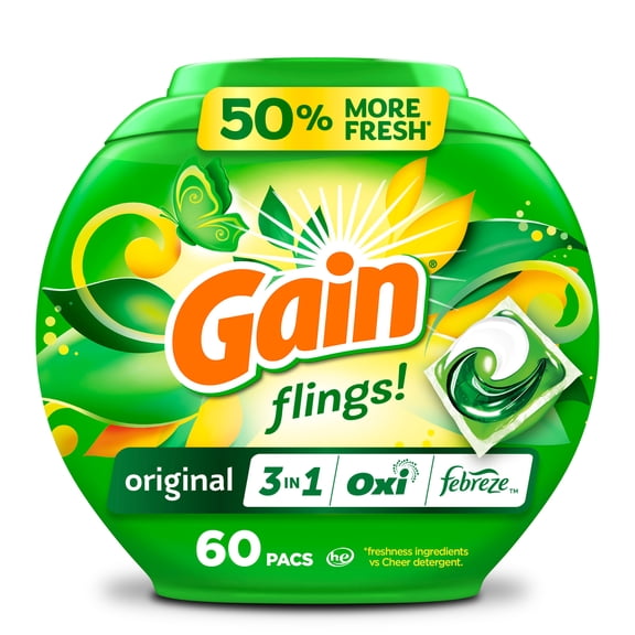 Gain Flings Laundry Detergent Soap Pacs, 3-in-1 Oxi Boost and Febreze, Original Scent, 60 Count