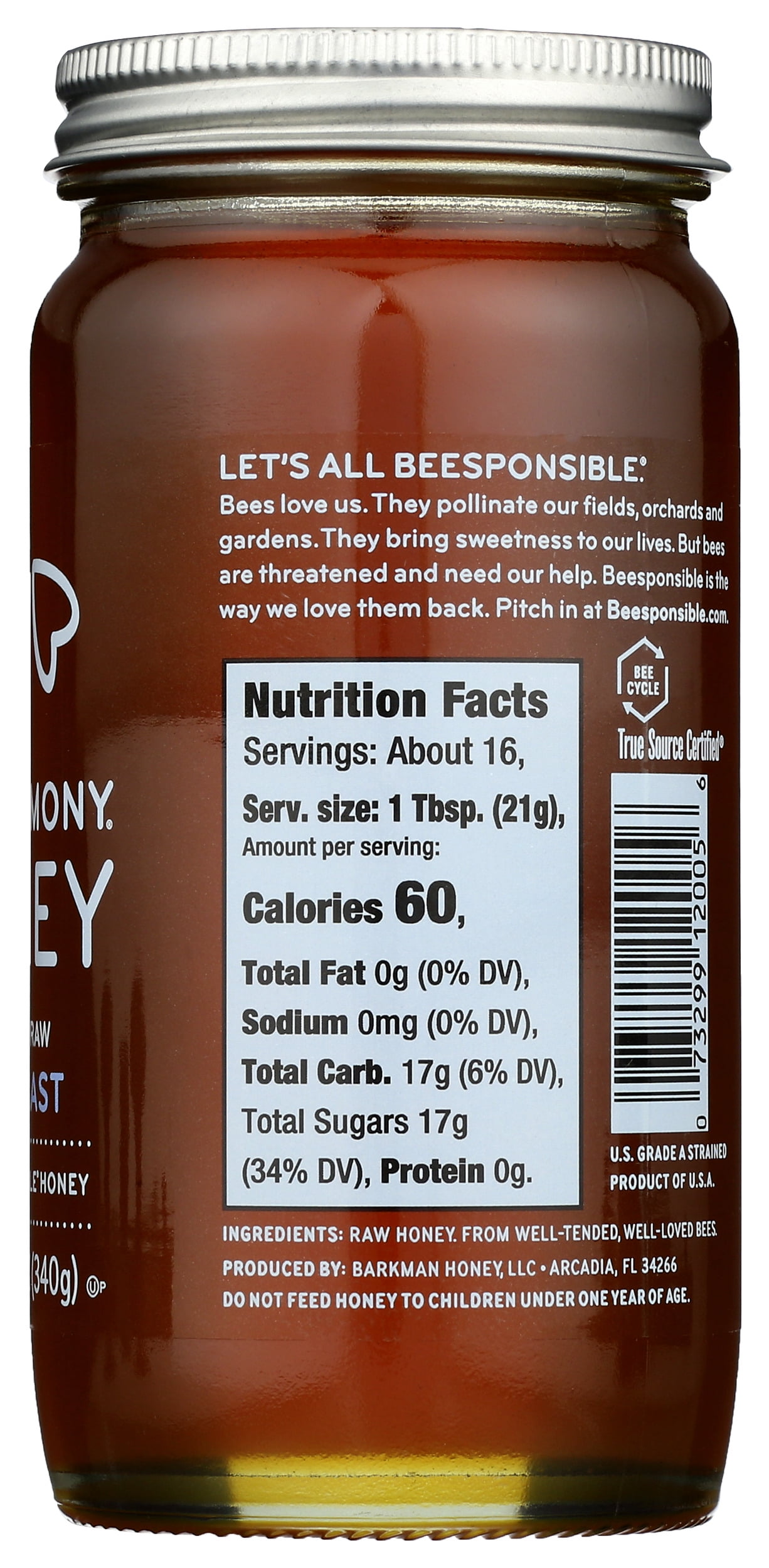 Pack of 6, Bee Harmony Regional Raw Southeast Honey, 12 oz