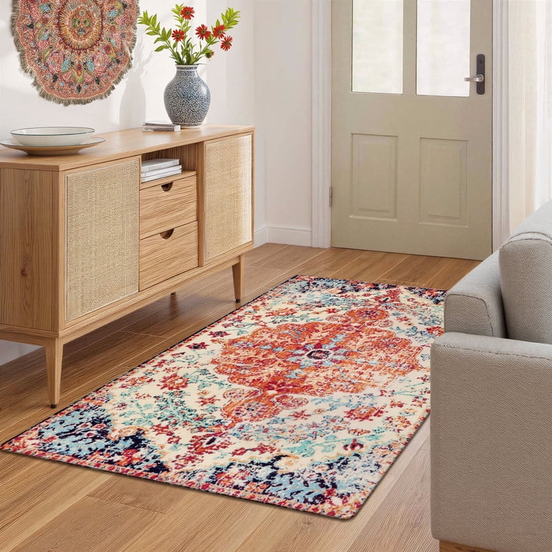 Wonnitar 3'x5' Bohemian Medallion Area Rug,Bedroom Rug Soft Throw Printed Bathroom Kitchen Entry Foyer Mat, Vintage Non-Slip Washable Carpet for Front Door Laundry Room Bath Office