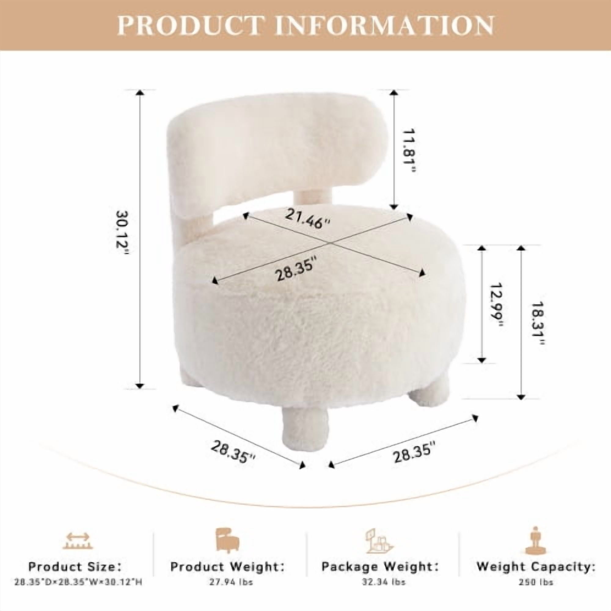 MOONMISS Accent Chair With Curved Backrest And Solid Wood Legs Upholstered Chair Slipper Side Chair For Primary Living Space Bedroom Vanity Room Or Reading Room ,White-Fur